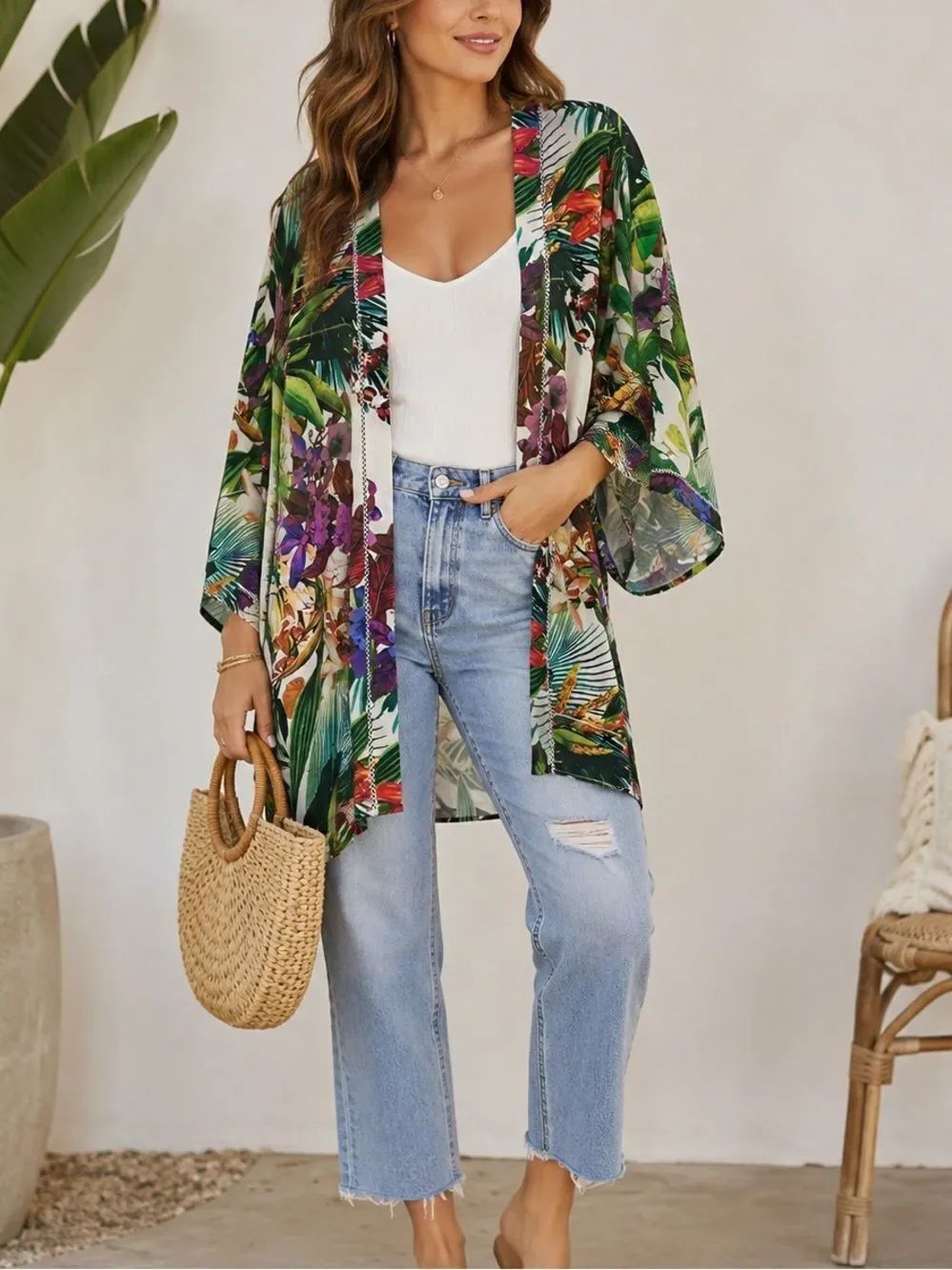 Desigual Floral Tropical Print Open Front Kimono Style Cardigan Size M